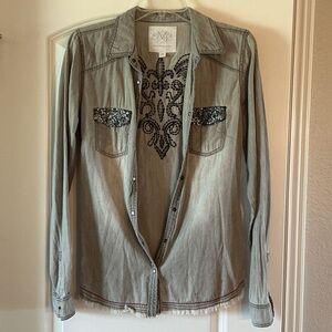 Maurices Gray Button Down Shirt with Black Embroidery